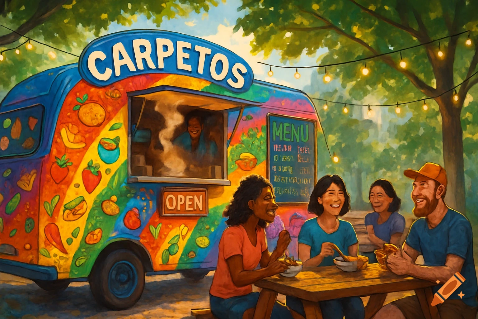 A colorful food truck named "CARPETOS" with a smiling person cooking inside. Four happy people sit at a wooden table in front of the truck, eating under string lights in a park setting, in a painterly style.