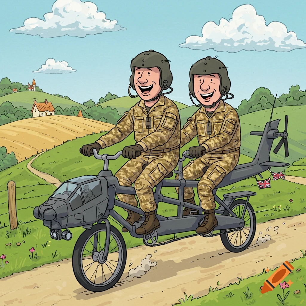 Two cartoon British army pilots in camouflage ride a helicopter-themed tandem bicycle through a green countryside.