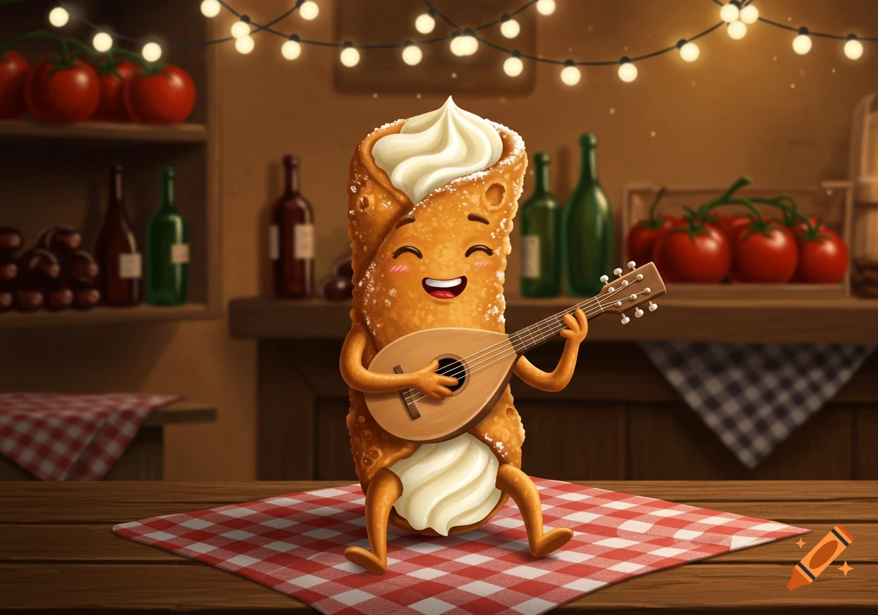 A happy cartoon cannoli with cream filling plays a mandolin in a rustic, warm-lit Italian-style setting.