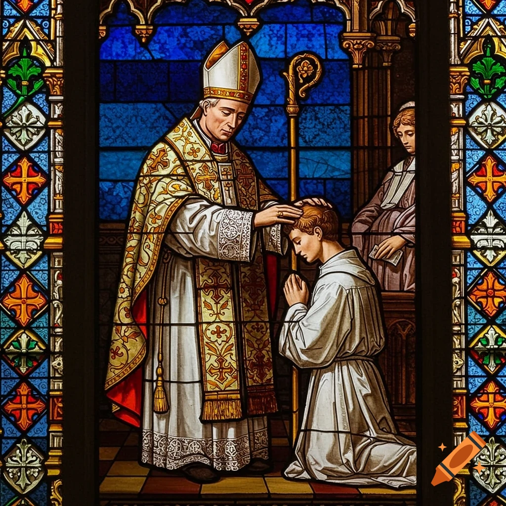 Stained-glass window depicting a bishop placing hands on a kneeling young man's head during a religious ceremony.