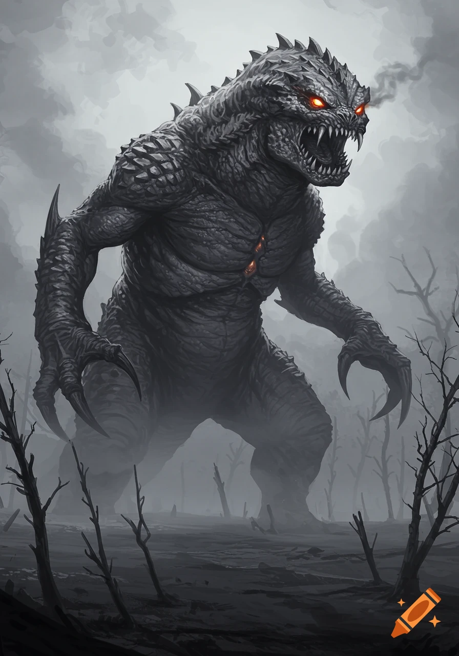 A towering dark scaly monster with glowing red eyes and smoke rising from its head roars in a desolate, foggy landscape.