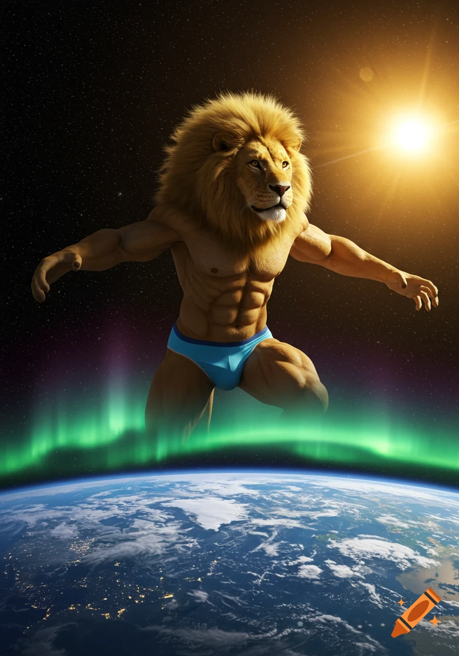 Photorealistic anthropomorphic lion in a blue speedo, immense, hovering above Earth with aurora in space, sun shining.