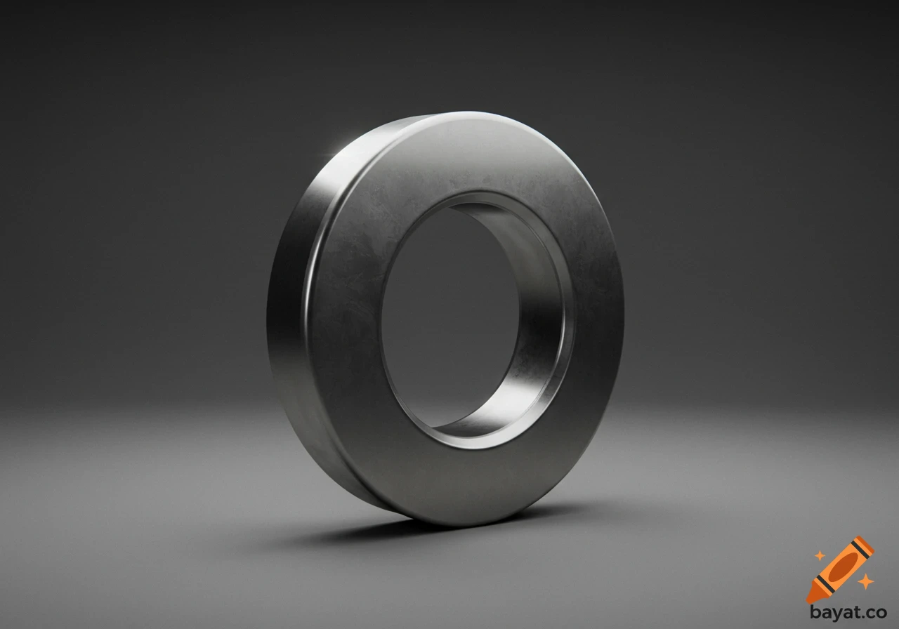 A metallic plain washer stands upright on a grey surface with a subtle shadow.