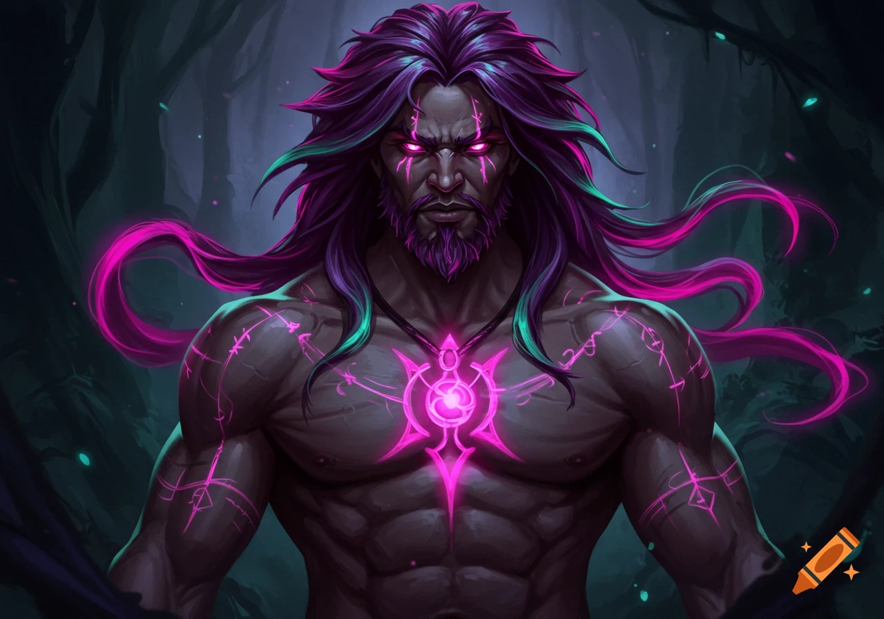 Muscular man with flowing purple and teal hair, glowing red eyes, and neon pink tribal patterns on his body, set in a dark fantasy forest.