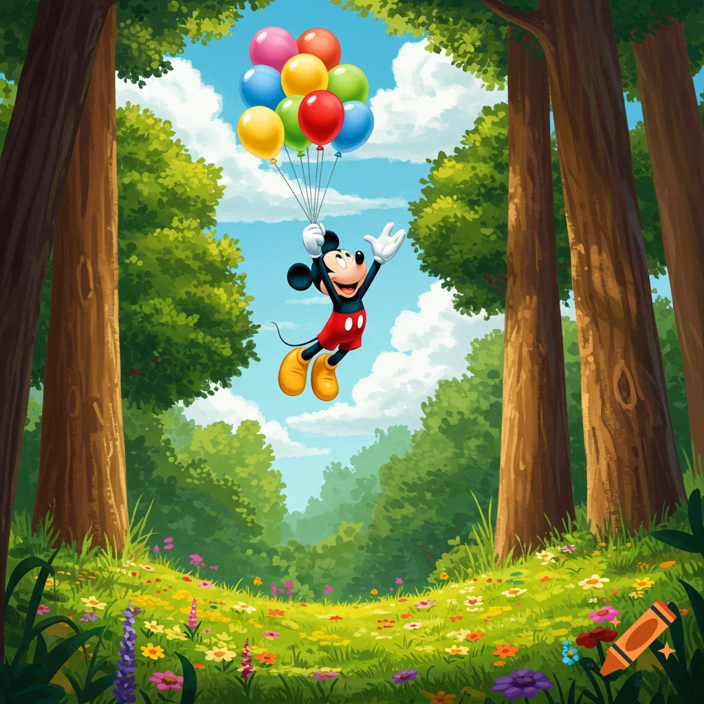 Mickey Mouse floats high above a vibrant forest, holding a colorful bunch of balloons against a blue sky with clouds.