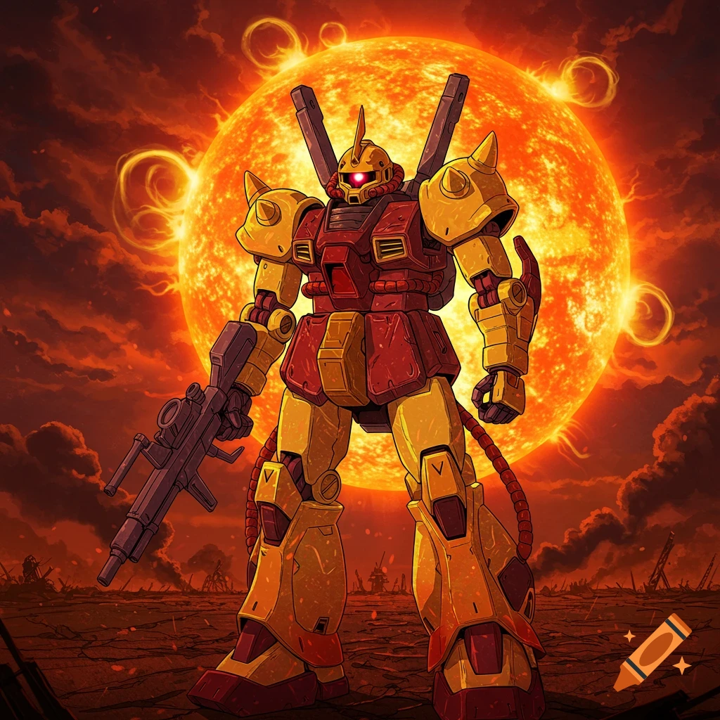 A red and yellow mecha robot stands on a destroyed landscape under a giant, glowing orange sun in an anime style.