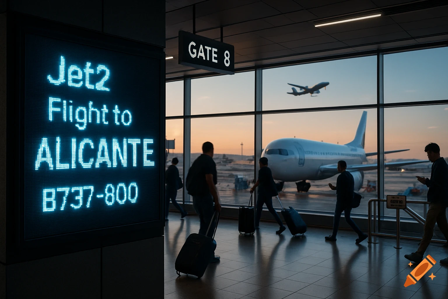 Photorealistic airport gate at sunset. A glowing departure board shows 'Jet2 Flight to ALICANTE B737-800'. Passengers walk past large windows and airplanes.
