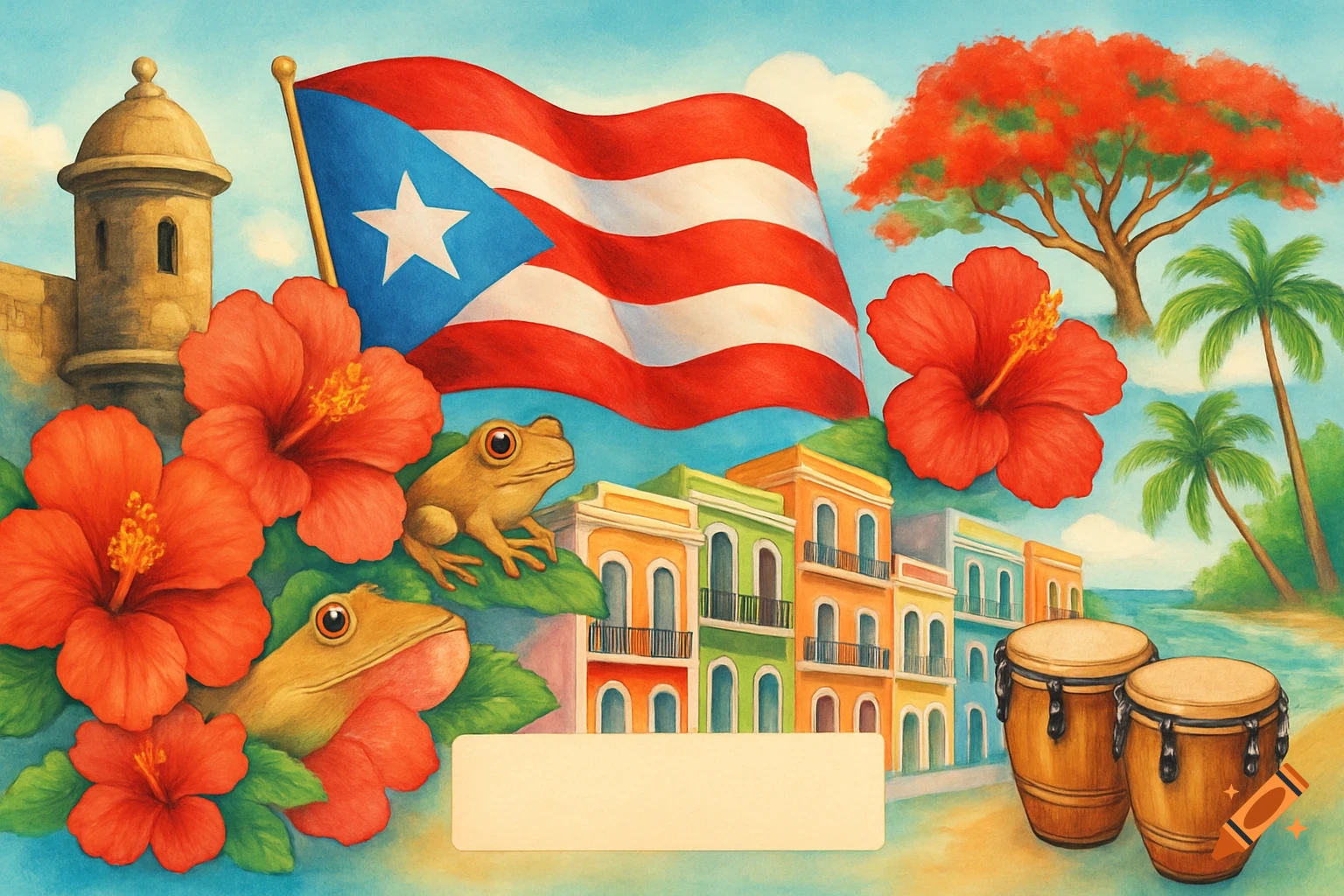 Vibrant watercolor collage featuring Puerto Rico's El Morro, flag, coquí frogs, hibiscus, colorful Old San Juan buildings, drums, and palm trees.