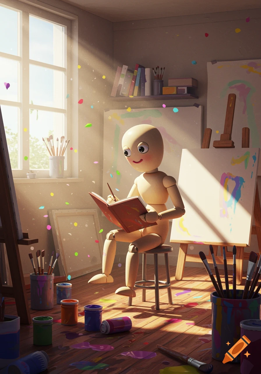 A smiling wooden art mannequin sits on a stool, reading a book and holding a paintbrush in a sunlit art studio with paint splatters.