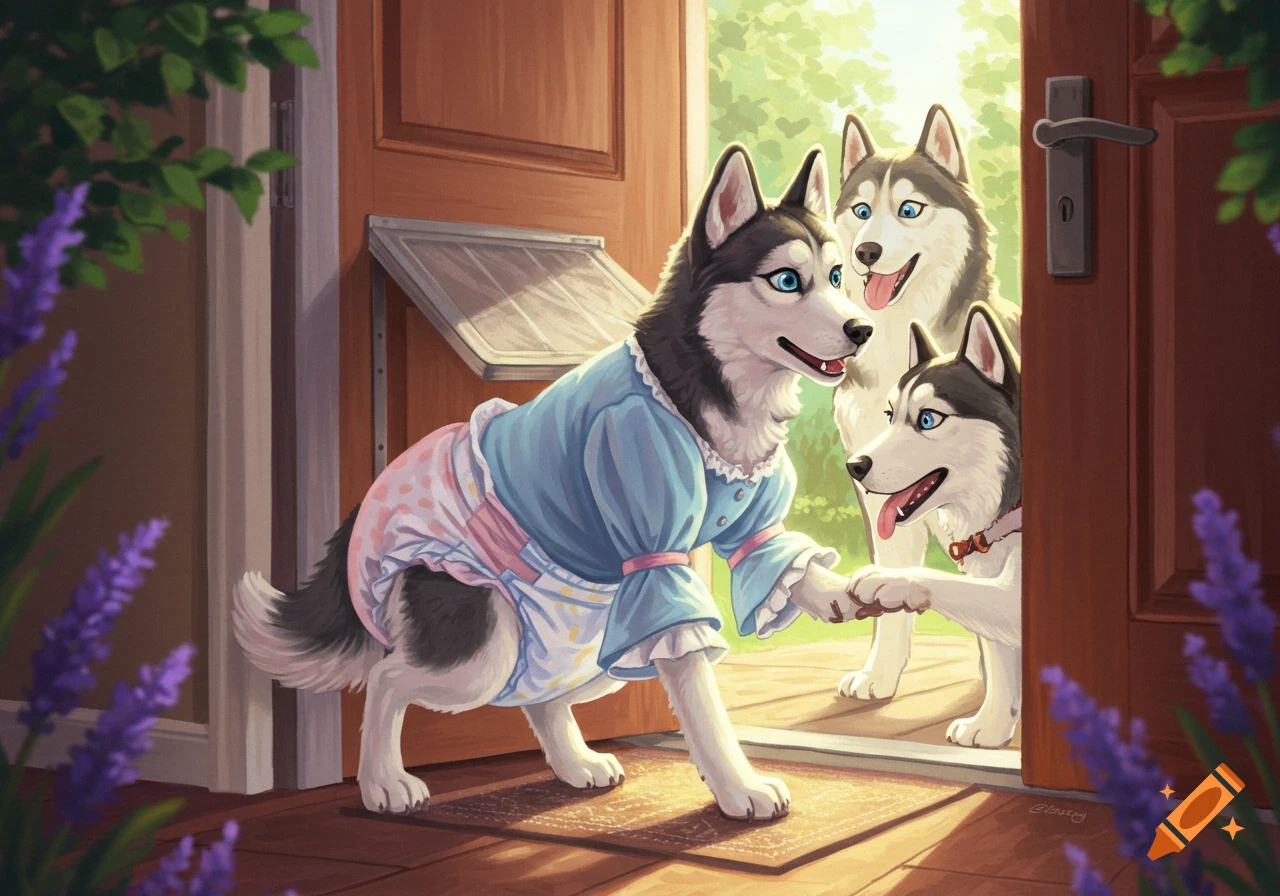 An illustrated scene of a husky in a blue dress and pink diaper comically stuck in a dog door, while another husky helps her from the outside.