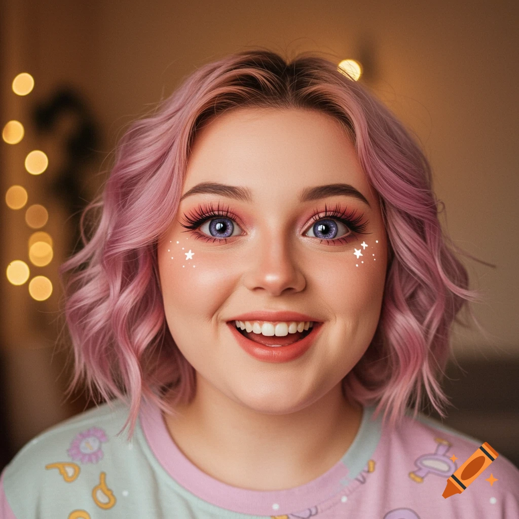 A smiling woman with short pink hair, large eyes, and star-shaped glitter on her cheeks, in a close-up portrait.