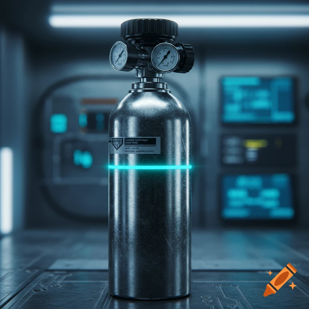 A metallic air canister with pressure gauges and a glowing blue line sits in a futuristic lab setting.