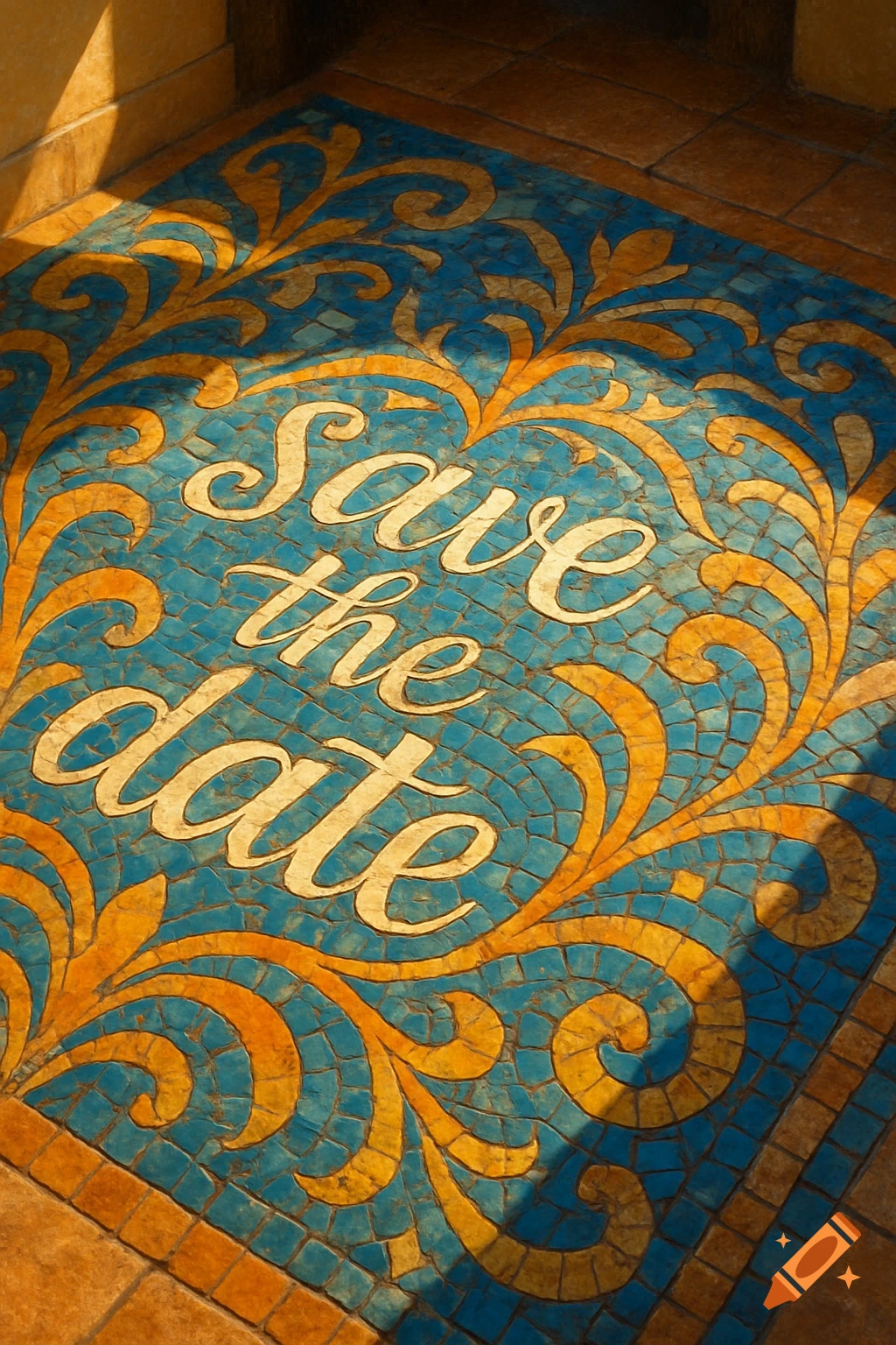 A close-up of a vibrant blue and gold tile mosaic floor featuring the words 'Save the date' in elegant cursive script.