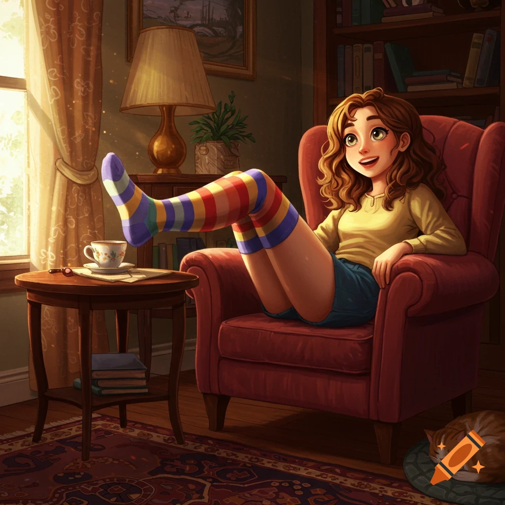 Cartoon girl in long striped socks relaxes in an armchair in a sunlit room with a sleeping cat.