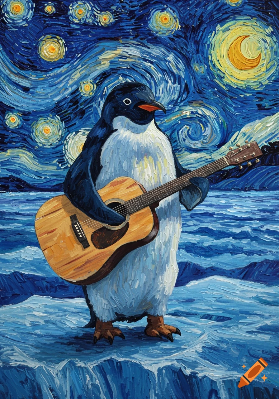 A penguin plays an acoustic guitar against a swirling, starry blue sky and icy blue foreground in the style of Van Gogh's Starry Night.