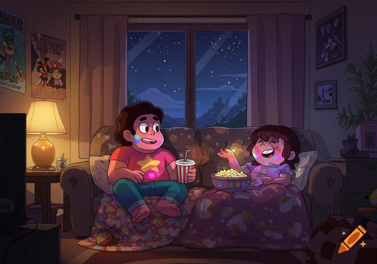 Steven Universe and Lynn Loud sitting on a couch at night, watching TV, eating popcorn, and drinking soda in a cozy room. Colorful light glows on their faces.
