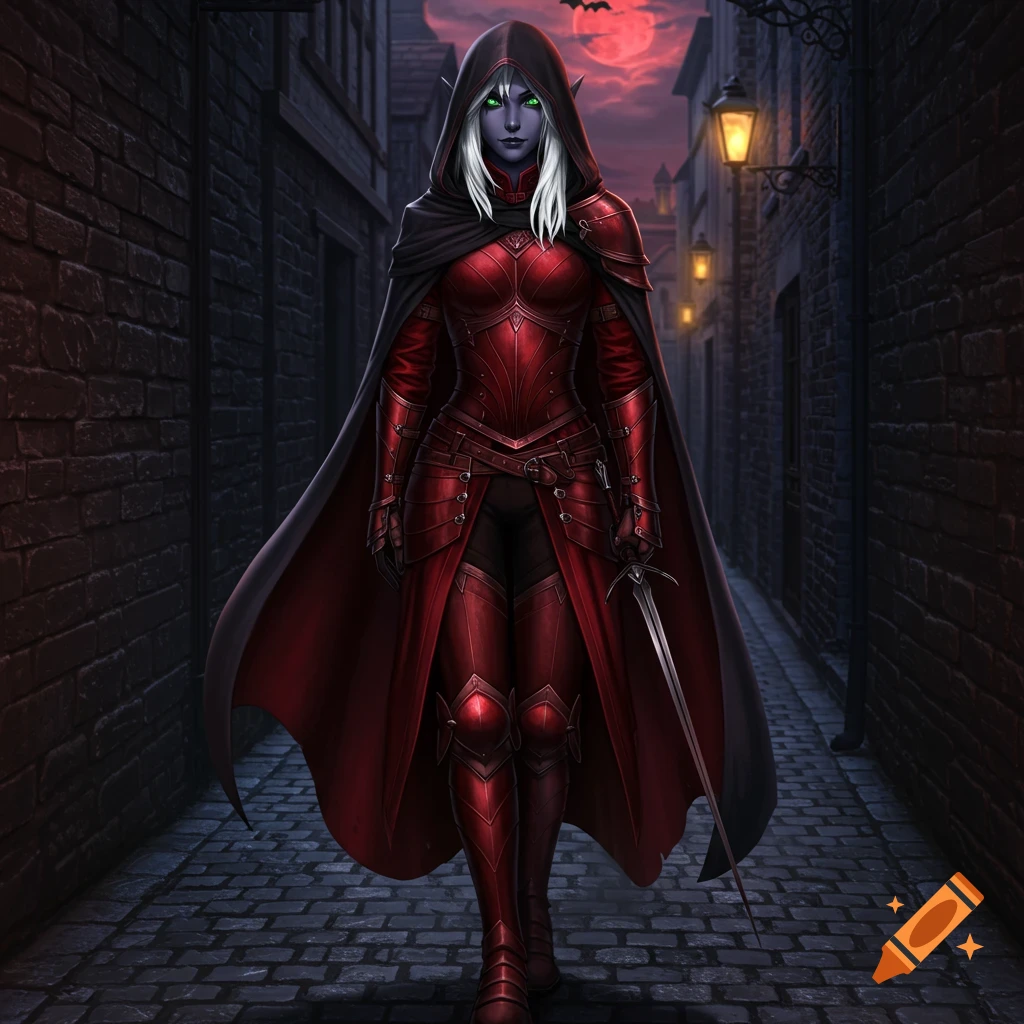Anime style depiction of a Drow Elf female with white hair and green eyes in red armor and a black cloak, holding a sword, walking in a dark medieval alley under a crimson moon.