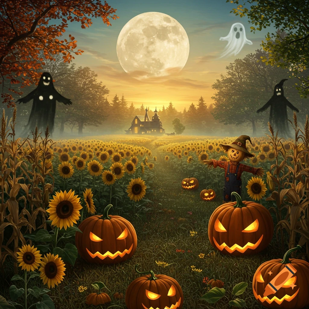 A Halloween night scene with a full moon over a sunflower field, featuring glowing jack-o'-lanterns, a scarecrow, ghosts, and a haunted house.