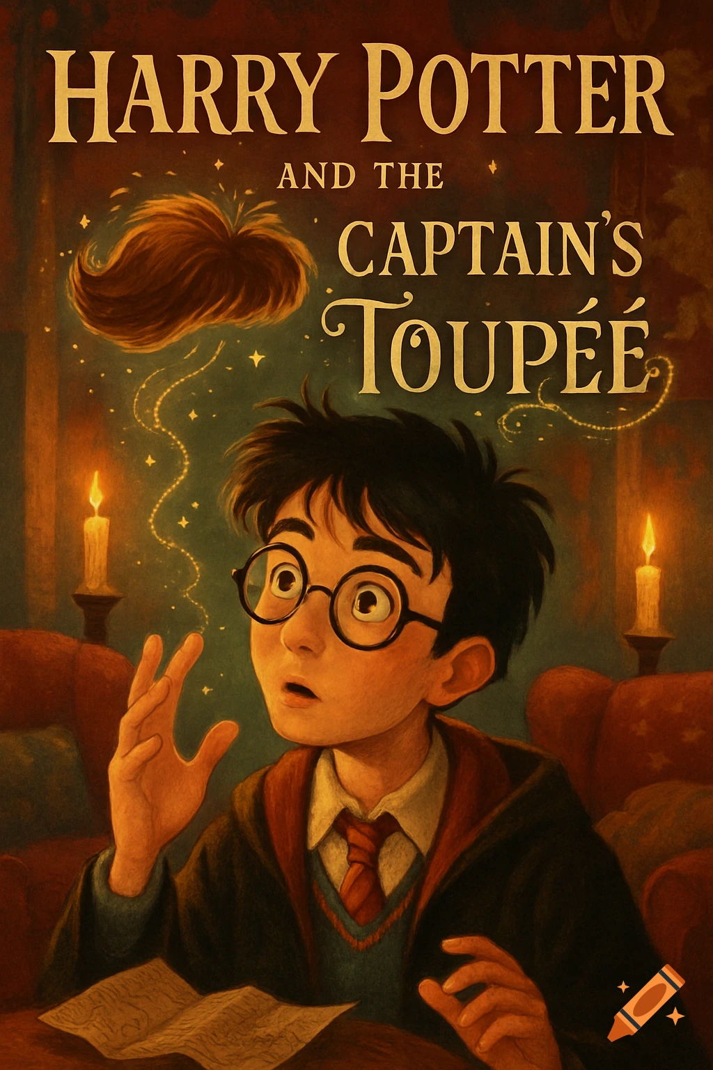 Illustrated book cover titled 'Harry Potter and the Captain's Toupee', showing Harry Potter looking up at a floating toupee with magic sparkling around it.