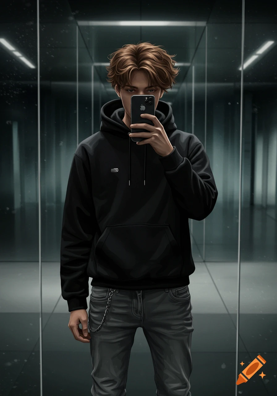 Illustrative portrait of a young man with messy brown hair taking a mirror selfie with his iPhone, wearing a black hoodie and gray jeans in a reflective corridor.