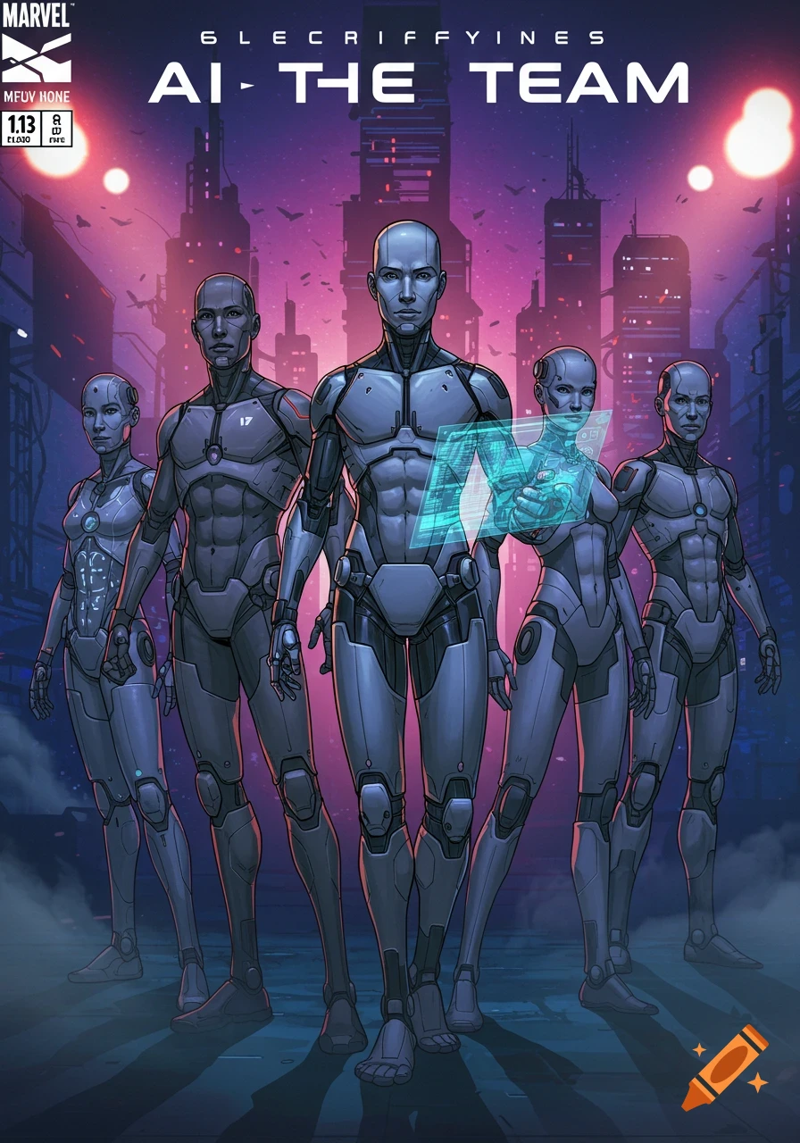 Five humanoid robots stand in a futuristic city at dusk, designed like a comic book cover titled "AI - THE TEAM".