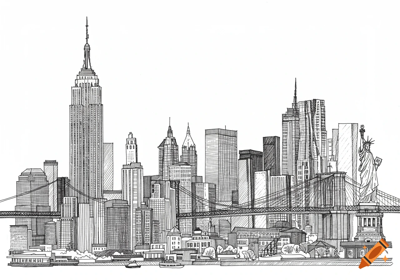 A line art drawing of the New York City skyline with prominent landmarks like the Empire State Building, Brooklyn Bridge, and Statue of Liberty.