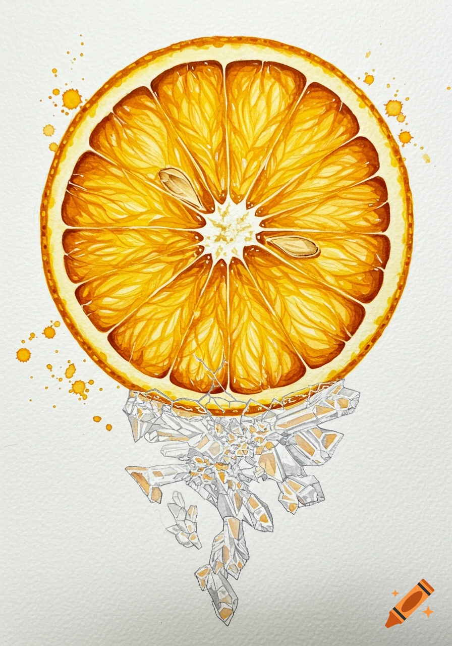 Watercolor painting of an orange half-slice with its lower part transforming into geometric white and orange crystals on a white background.