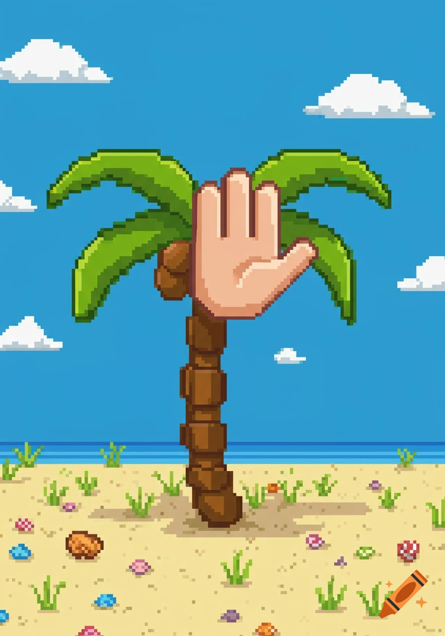 A vibrant pixel art scene of a beach with a palm tree featuring a large, stylized hand on its trunk, under a blue sky with clouds.