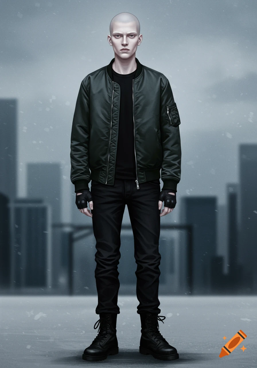 A stoic bald male character stands upright in a black bomber jacket, black jeans, and combat boots against a snowy urban background. Digital art style.