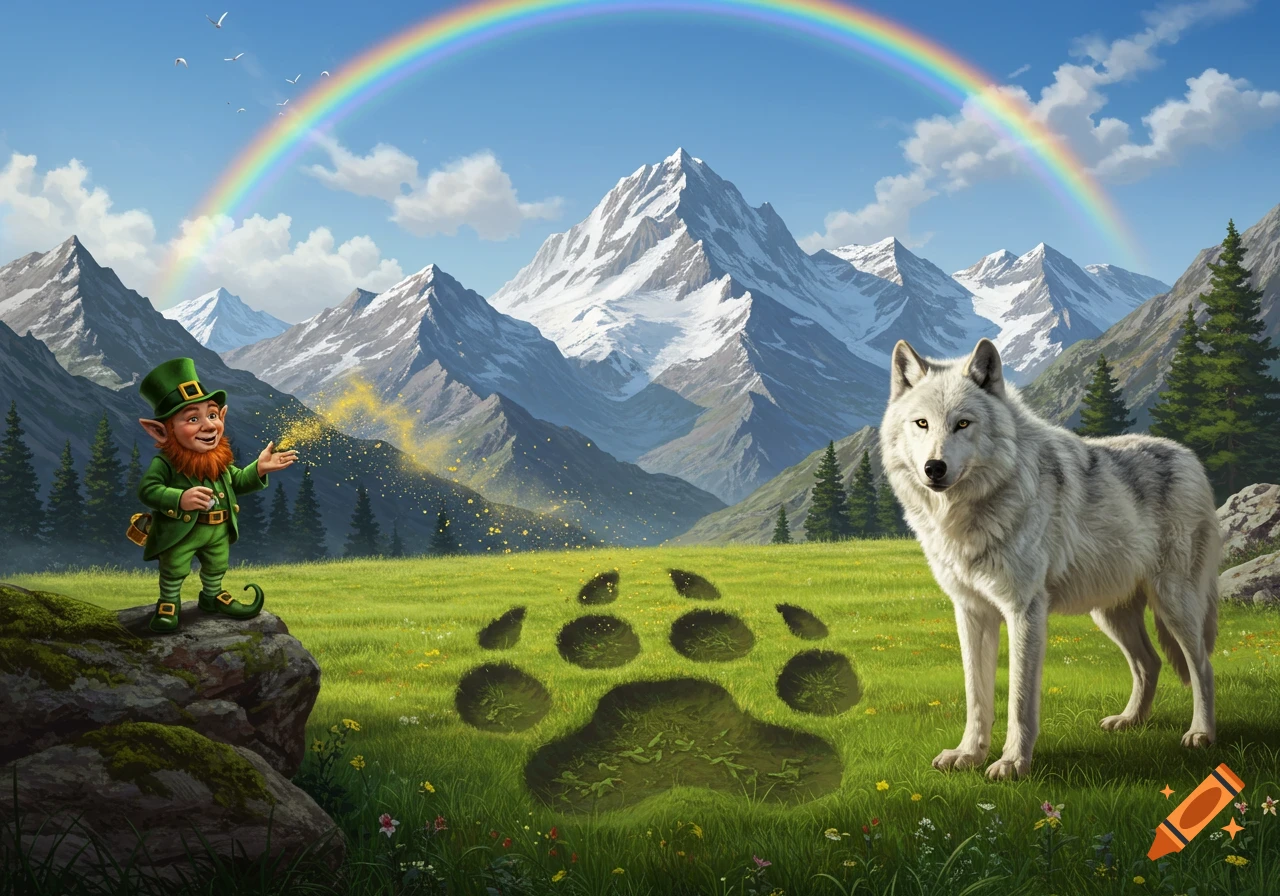 A leprechaun conjures gold near a wolf and giant paw print in a green field, with a double rainbow over snowy mountains.