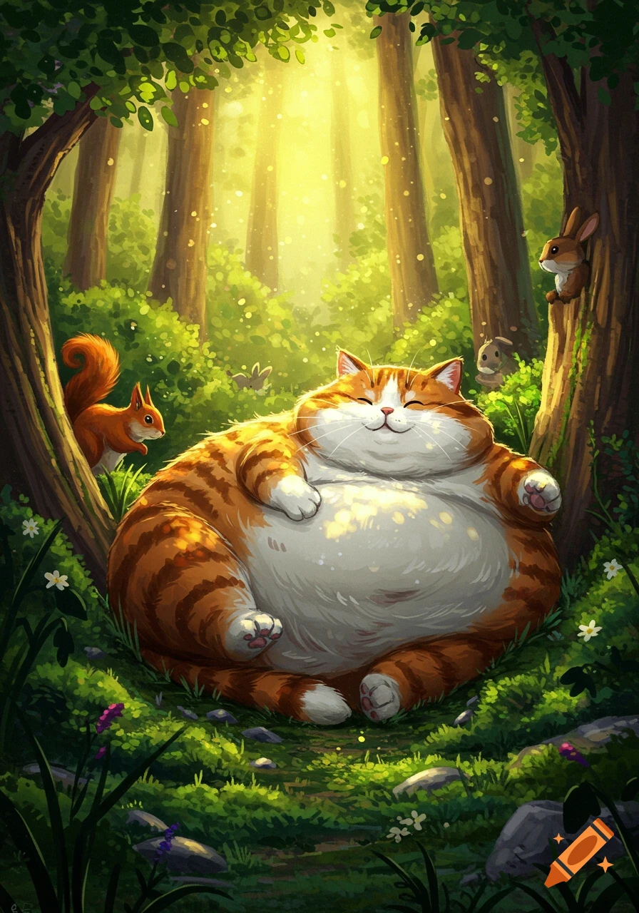 A very large, happy orange and white cat rests peacefully in a sun-dappled green forest with small animals nearby, digital art style.
