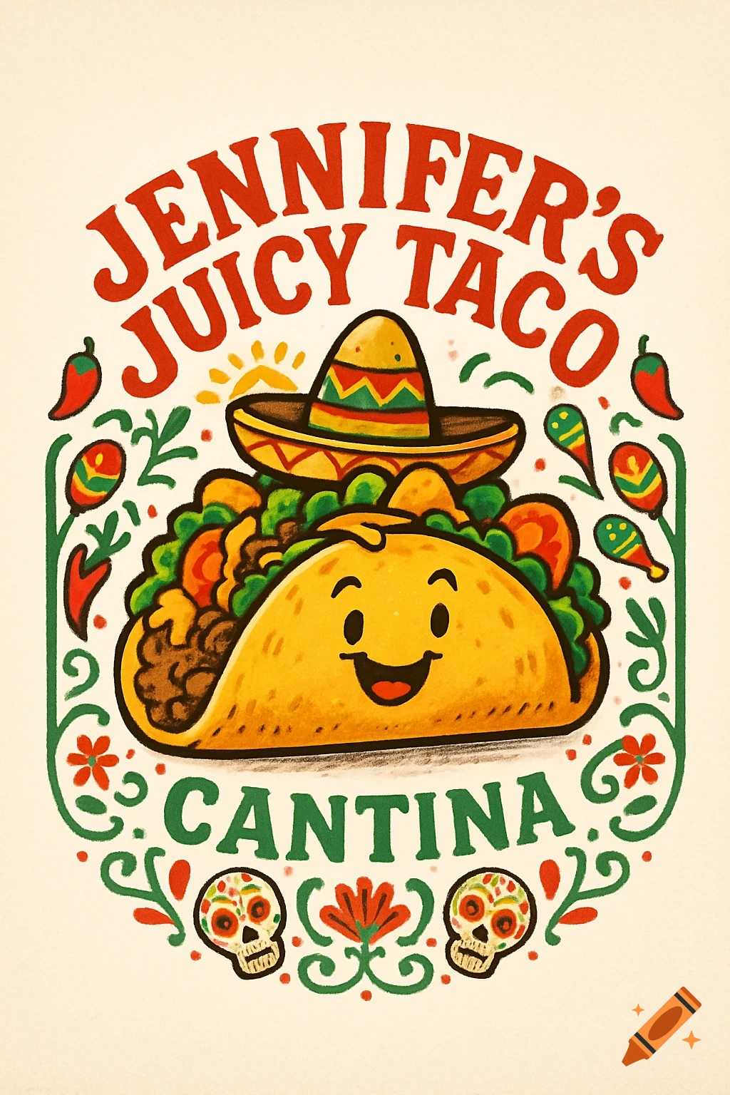 Cartoon logo for Jennifer's Juicy Taco Cantina, featuring a happy taco with a sombrero, surrounded by chili peppers and sugar skulls.
