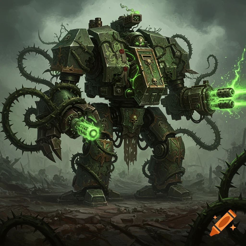 A green Warhammer 40K dreadnought covered in thorny vines, with glowing green weapons, stands in a desolate, gloomy landscape.