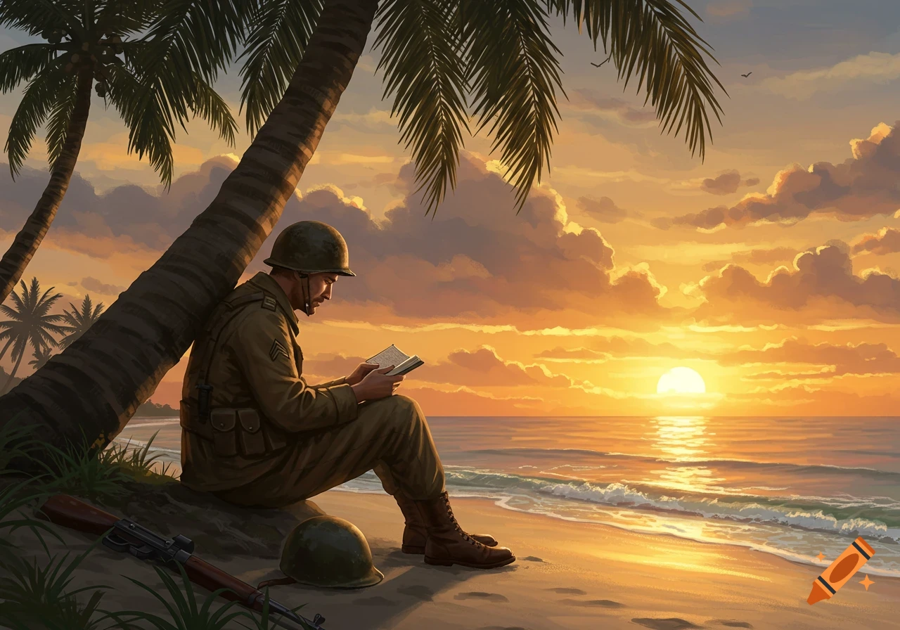 A soldier in uniform and helmet sits on a sandy beach, leaning against a palm tree trunk and reading a book at sunset.