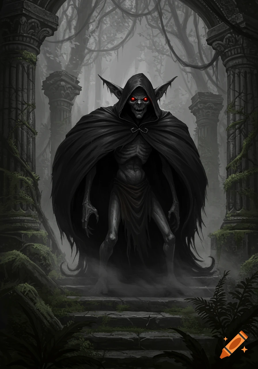 A gray goblin with glowing red eyes and long ears, wearing a black hooded cloak, stands in an overgrown, misty ruined temple.
