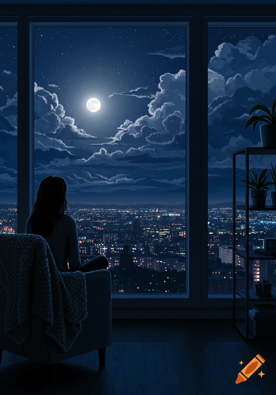 Digital art of a woman sitting by a window, gazing at a bright full moon and cloudy night sky over a sprawling city.