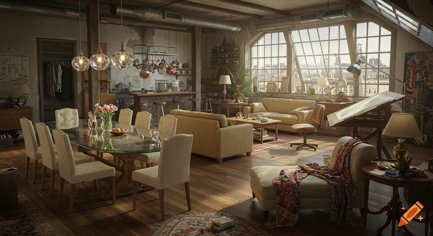 A spacious, sunlit industrial-style loft apartment with an open-plan living area, dining table, kitchen bar, and a drafting desk.