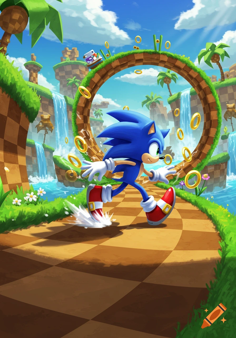 Sonic the Hedgehog runs through a vibrant Green Hill Zone, with a large loop, gold rings, waterfalls, and palm trees under a blue sky.