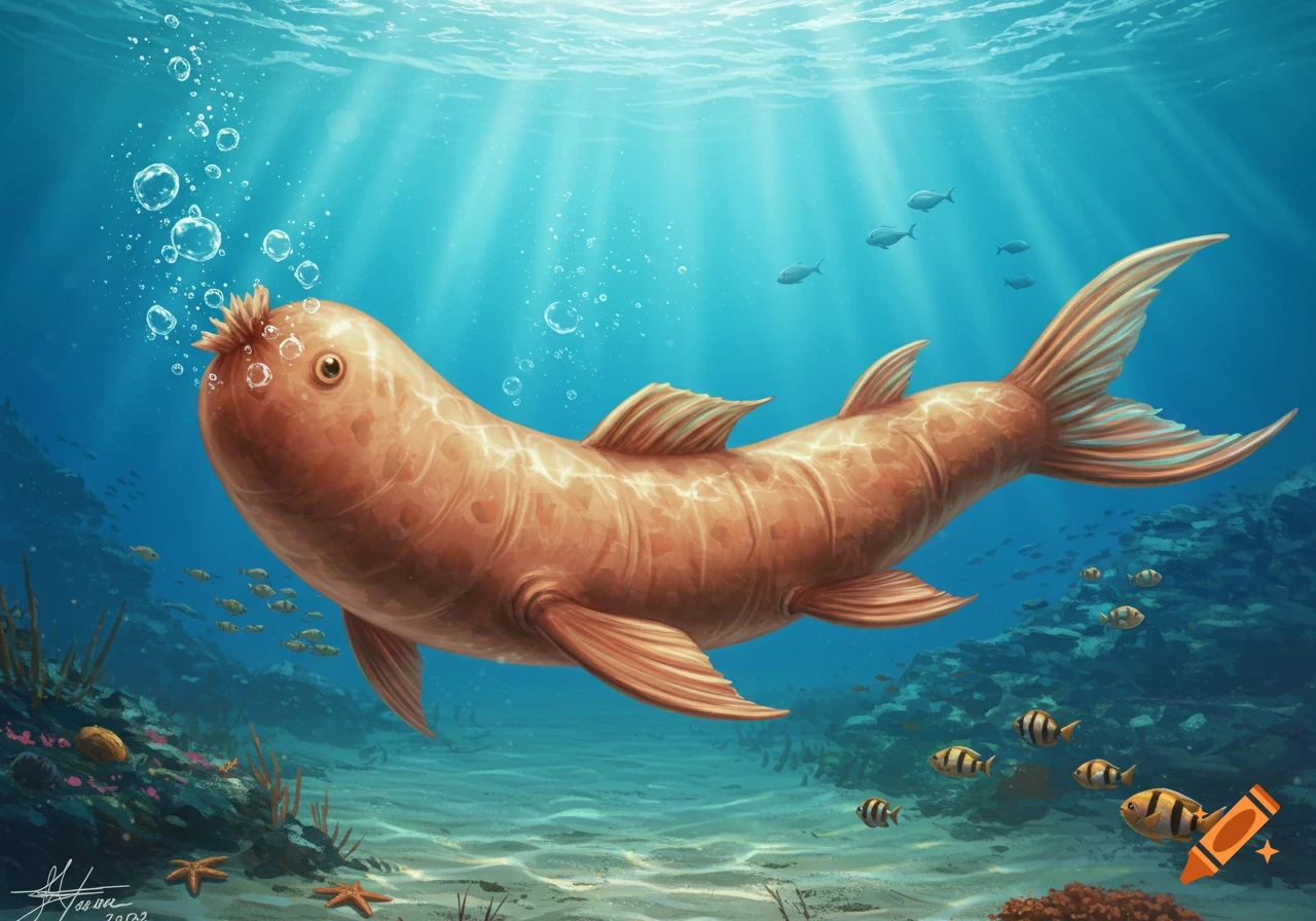 A whimsical brown fish resembling a liver sausage swims in a vibrant blue ocean with sunrays, bubbles, and smaller fish.