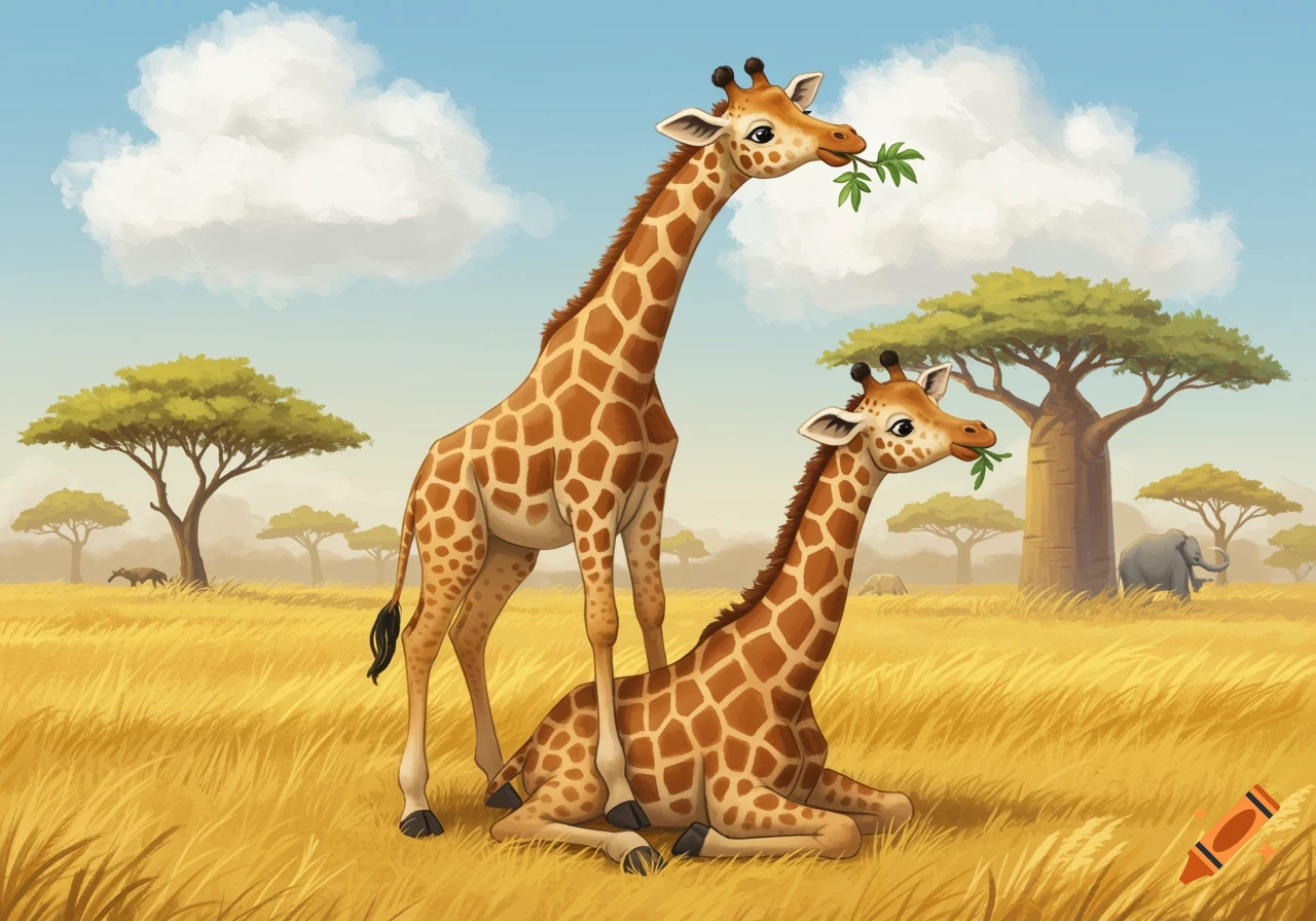 An illustration of two giraffes in a savanna, one standing and one sitting, both eating leaves.