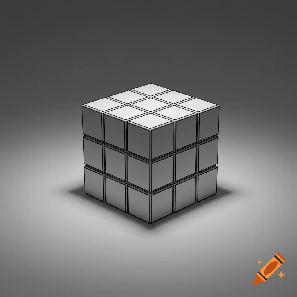 A grayscale, outlined Rubik's cube against a gradient gray background, rendered with soft lighting and shadow.