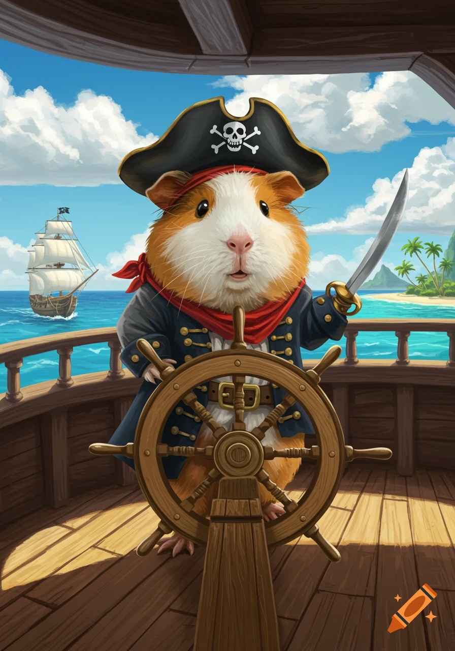 An illustrated guinea pig pirate steering a ship's wheel and holding a sword on a wooden deck with an ocean and island background.