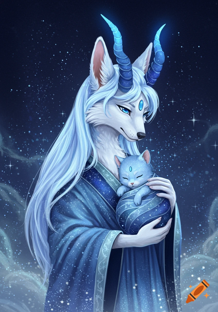 An anthropomorphic white and blue canine creature with glowing horns holds a sleeping blue baby cat against a starry, dark blue background.