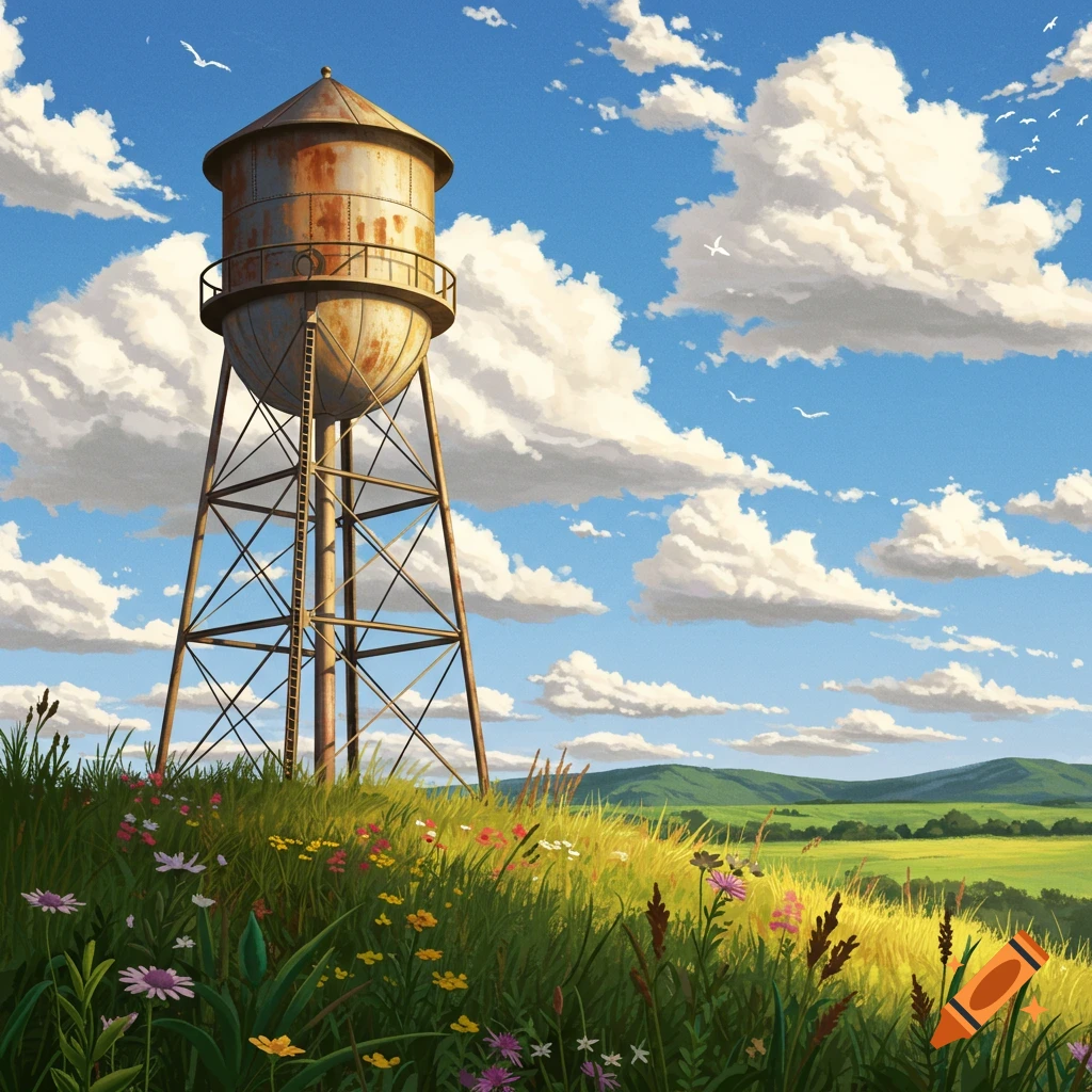 An old, rusty water tower stands on a grassy hill filled with colorful wildflowers, under a bright blue sky with fluffy white clouds and birds.