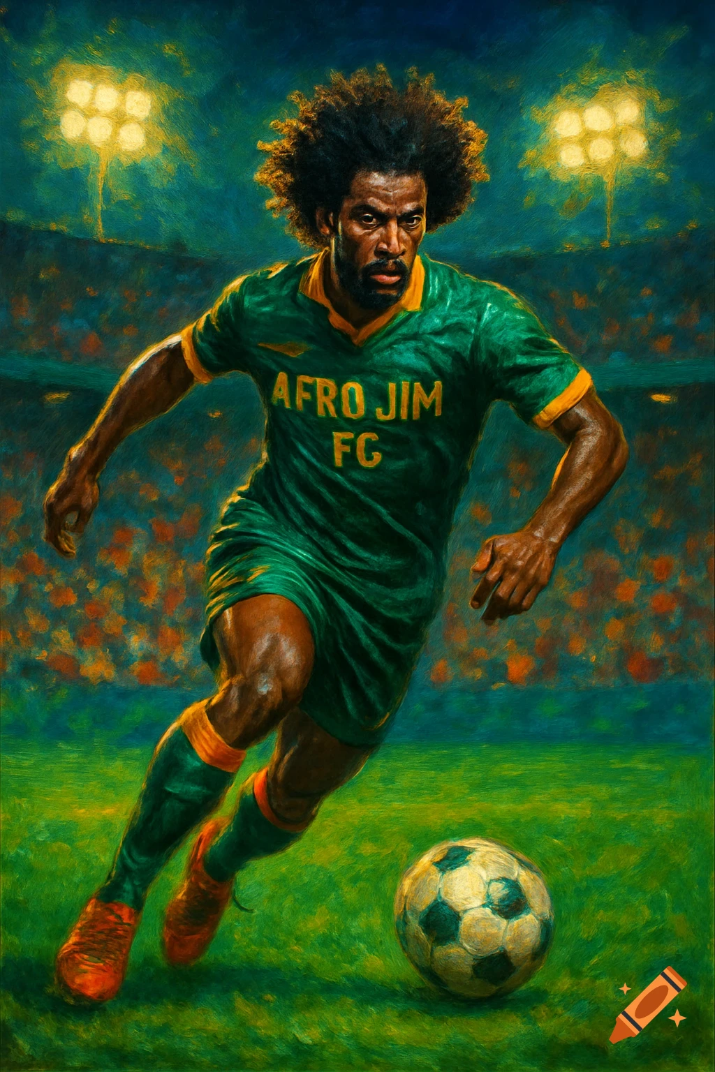 A male soccer player with an afro in a green and gold uniform dribbles a soccer ball on a field under stadium lights, in a painterly style.