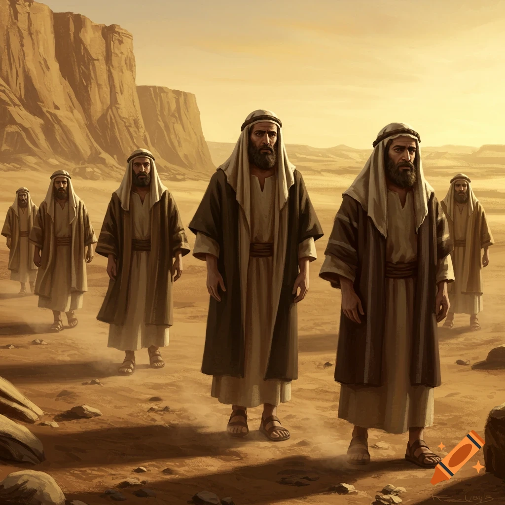 A group of men in traditional robes and head coverings walk across a vast, sandy desert with large rock formations in the background, in an illustrative style.