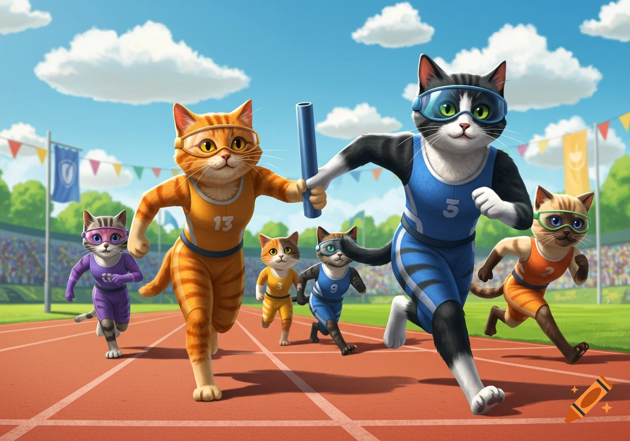 Stylized cartoon cats with goggles and track uniforms running a relay race on a bright red track in a stadium.