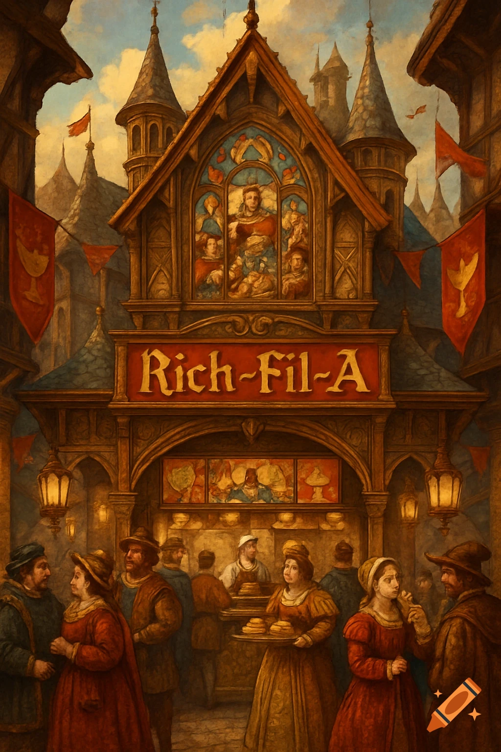 A medieval street scene with a large building featuring a sign that reads 'Rich-Fil-A', and people in period clothing.