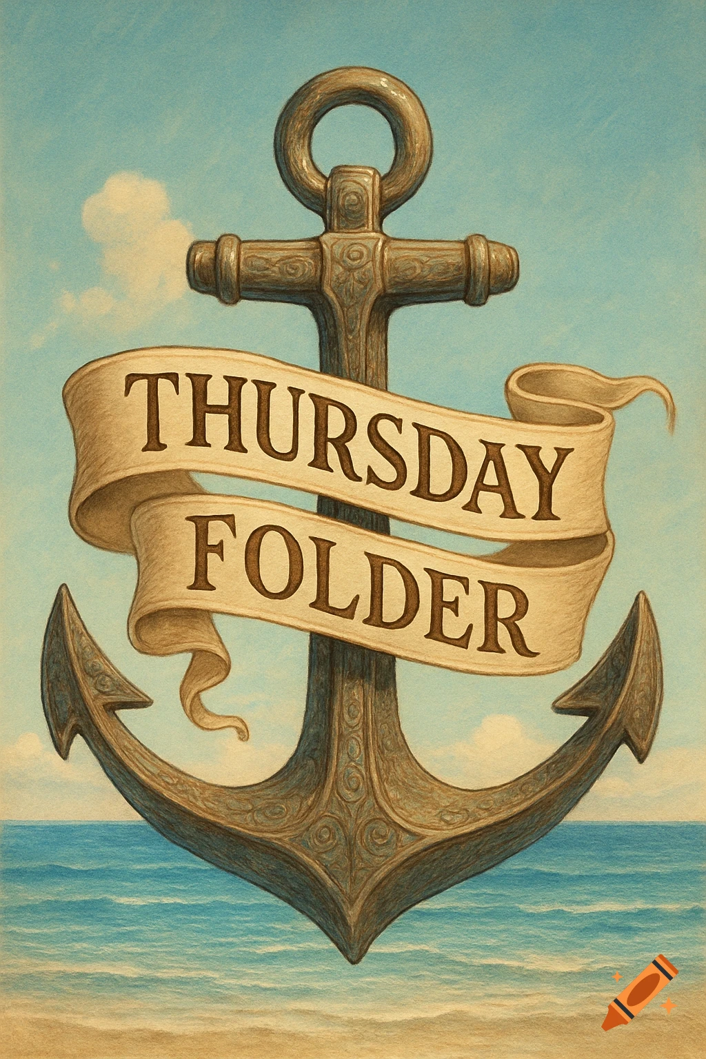 A stylized illustration of an anchor with a banner wrapped around it that reads "Thursday Folder", set against a serene sky and ocean backdrop.