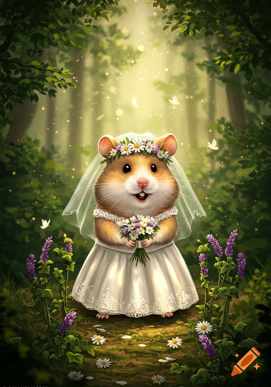 A cute hamster in a white wedding dress and flower crown, holding a bouquet, stands in a magical sunlit forest.